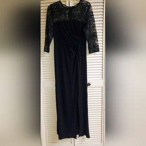 Alex Evening Elegant Black Lace Evening Dress Front Slit Size 8